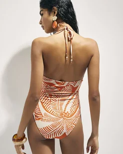 Orange Metallic Palm Print Swimsuit