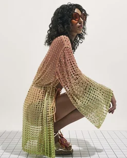 Orange Ombre Embellished Belted Kimono