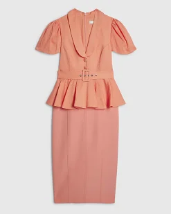 Orange Premium Pleated Peplum Pencil Dress