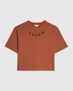 Orange Short Sleeve Beaded Cut Out T-shirt