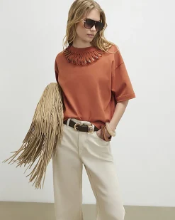Orange Short Sleeve Beaded Cut Out T-shirt