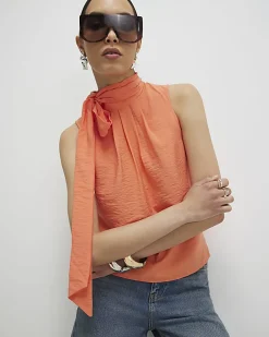 Orange Sleeveless Pussybow Blouse