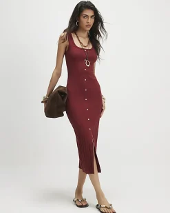 Orange Wide Rib Button Front Midi Dress