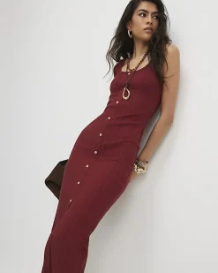 Orange Wide Rib Button Front Midi Dress