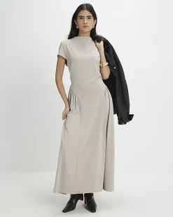 Petite Beige Fitted Waist Maxi Dress