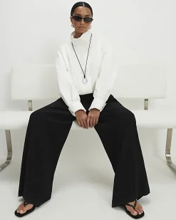 Petite Black Pleated Wide Leg Trousers