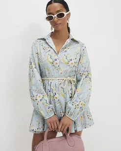 Petite Blue Floral Belted Shirt Dress