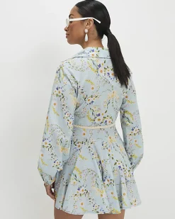 Petite Blue Floral Belted Shirt Dress