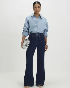 Petite Blue Front Pocket Flared Jeans
