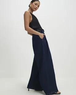 Petite Blue High Rise Pleated Wide Leg Jeans
