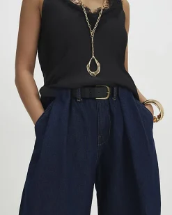 Petite Blue High Rise Pleated Wide Leg Jeans