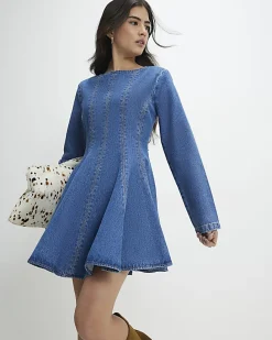 Petite Blue Seamed Denim Mini Dress
