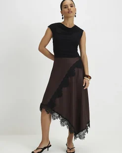 Petite Brown Lace Hybrid Drape Midi Dress