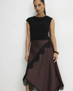 Petite Brown Lace Hybrid Drape Midi Dress