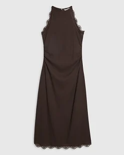 Petite Brown Lace Trim Textured Dress