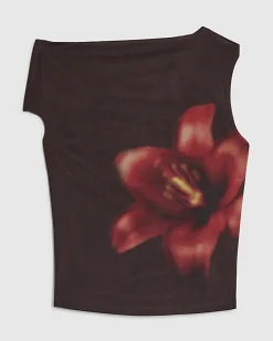 Petite Brown Mesh Floral Print Top