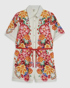 Petite Cream Floral Collared Playsuit