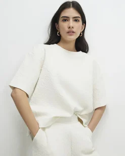 Petite Cream Short Sleeve Jacquard T-shirt