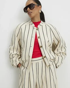 Petite Cream Stripe Bomber Jacket