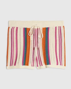Petite Cream Striped Crochet Shorts