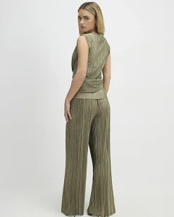 Petite Green Plisse Wide Leg Trousers
