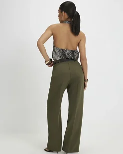 Petite Khaki Belted Straight Leg Trousers