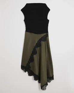 Petite Khaki Lace Hybrid Drape Maxi Dress
