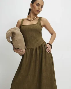 Petite Khaki Textured Midi Dress