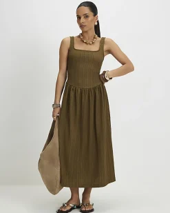 Petite Khaki Textured Midi Dress