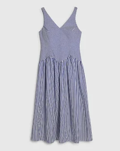 Petite Navy V Neck Stripe Midi Dress