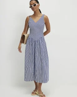 Petite Navy V Neck Stripe Midi Dress