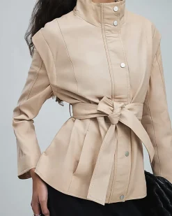 Pink Belted Funnel Neck Leather Jacket