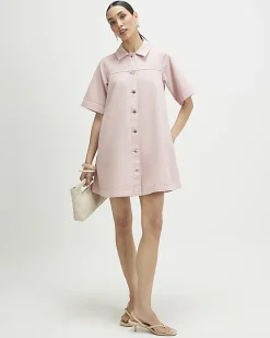 Pink Button Through Denim Dress