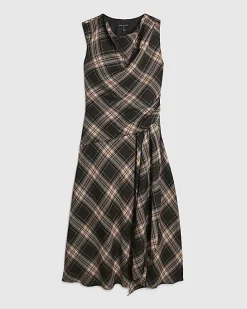 Pink Check Cowl Neck Asymmetric Midi Dress