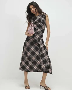 Pink Check Cowl Neck Asymmetric Midi Dress