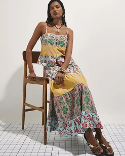 Pink Colour Block Floral Maxi Skirt
