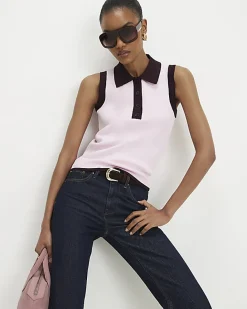 Pink Colour Block Knitted Polo Top