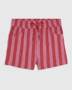 Pink Cotton Blend Striped Textured Shorts