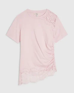 Pink Cotton Short Sleeve Lace Aysmmetric Top