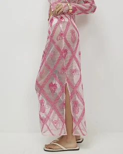 Pink Crochet Embroidered Beach Maxi Skirt