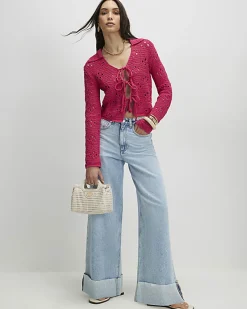 Pink Crochet Tie Front Cardigan