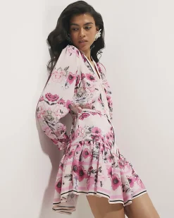 Pink Floral Long Sleeve Mini Shirt Dress
