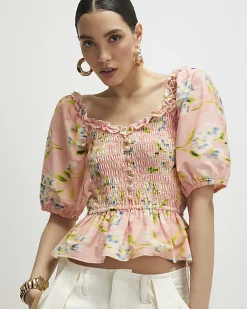 Pink Floral Puff Sleeve Shirred Top