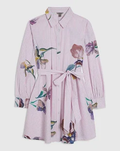 Pink Floral Stripe Shirt Dress