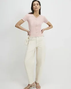 Pink Frill Trim Ribbed Knitted Top