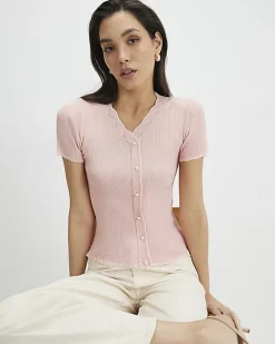 Pink Frill Trim Ribbed Knitted Top