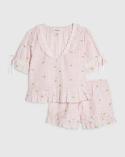Pink Gingham Daisy Print Pyjama Set