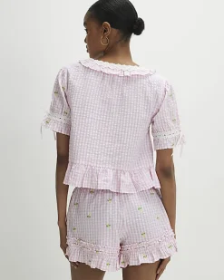 Pink Gingham Daisy Print Pyjama Set