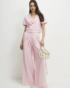 Pink Linen Blend Cropped Scallop Trim Jacket