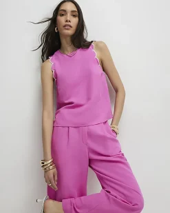 Pink Linen Blend Scallop Wide Leg Trousers